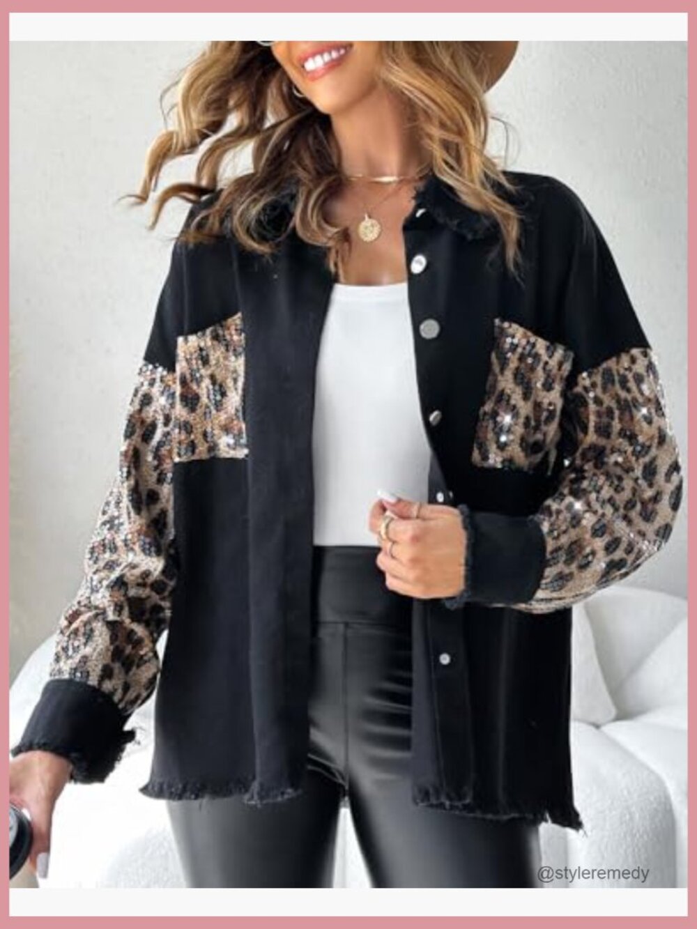 Sequin Patchwork Long Sleeve Oversized Denim Shacket Raw Hem Button Front - Picture 6 of 7